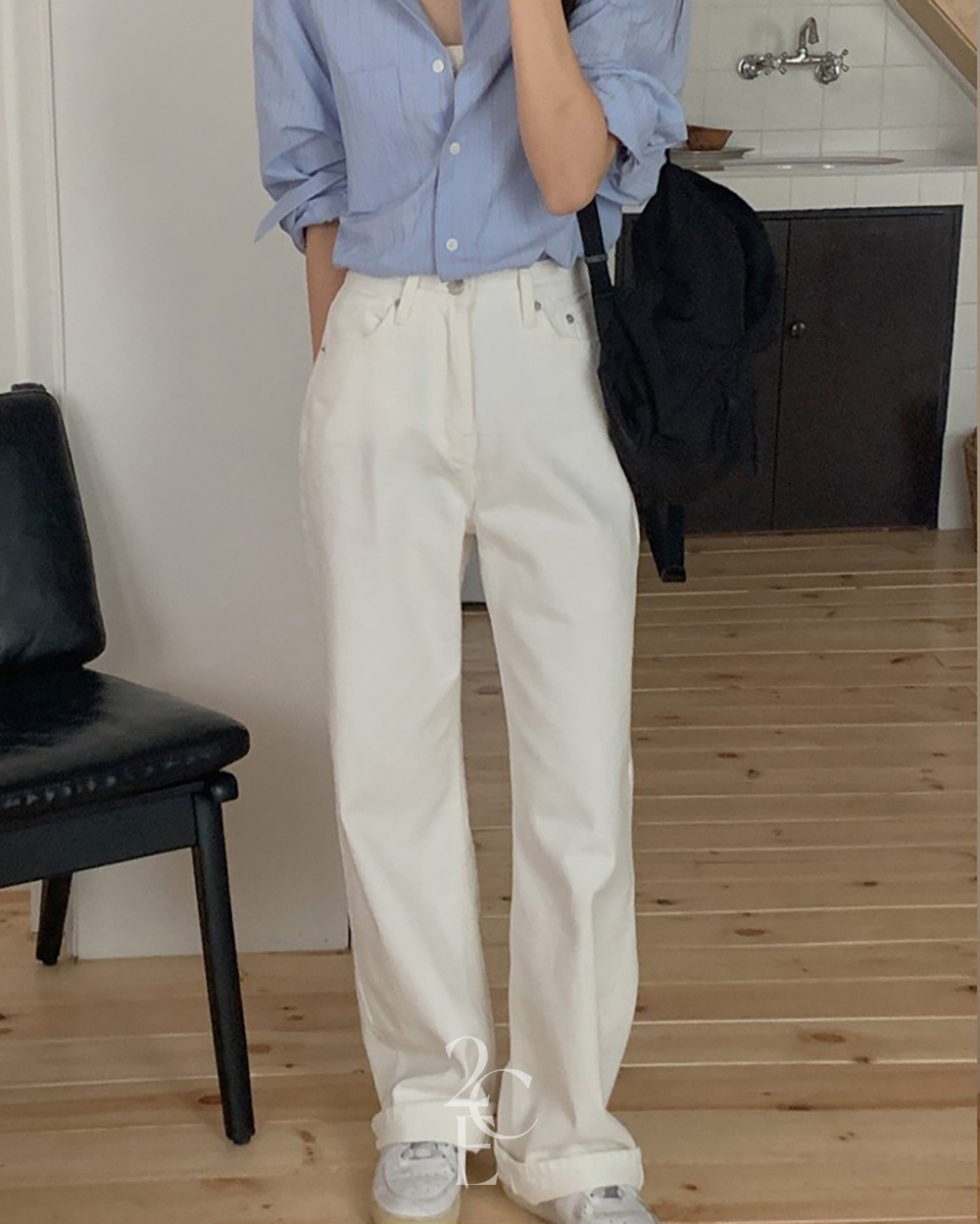 크루즈 화이트 코튼 일자 데님 팬츠 (1color) 세미 와이드 봄 흰바지 사계절 - 상세 이미지 2