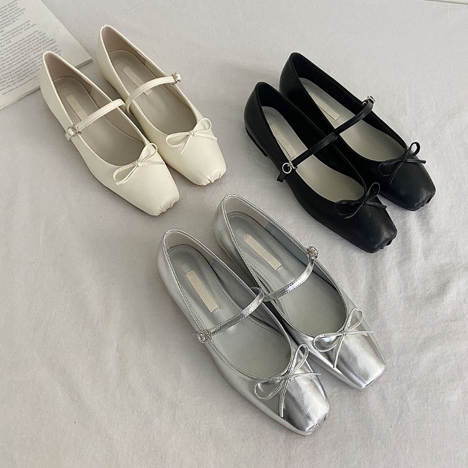 발레리나 사각코 리본 메리제인 플랫 슈즈