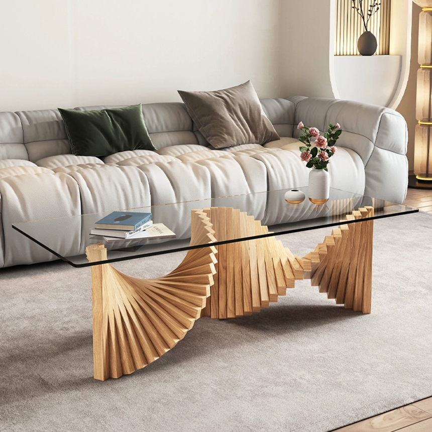 헬릭스 강화유리 원목 거실 티 테이블 98cm