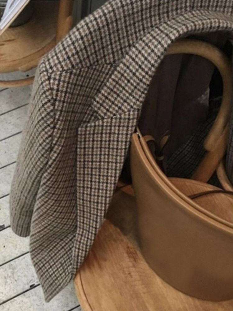 브라운 체크 자켓 빈티지 루즈핏 예쁜 디자인 여자 연예인 패션 - 상세 이미지 5