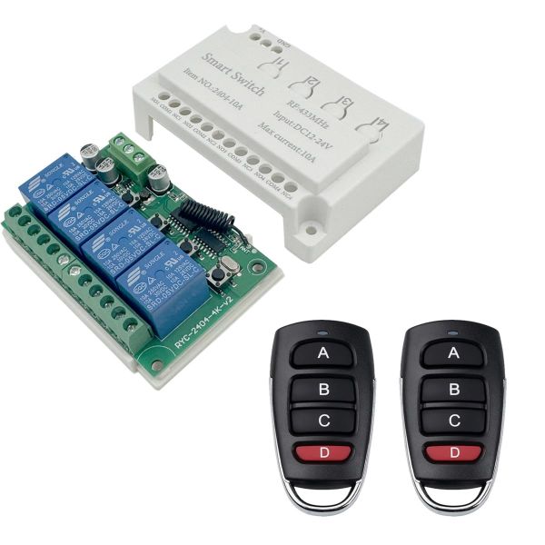 콘트롤러 컨트롤러 스위치 12V 4CH 리모컨 DC12V24V 10A 433Mhz RF 릴레이 수신기 4방향 무선 조명 차고 문 모터 차양용 범용 : 양평쇼퍼