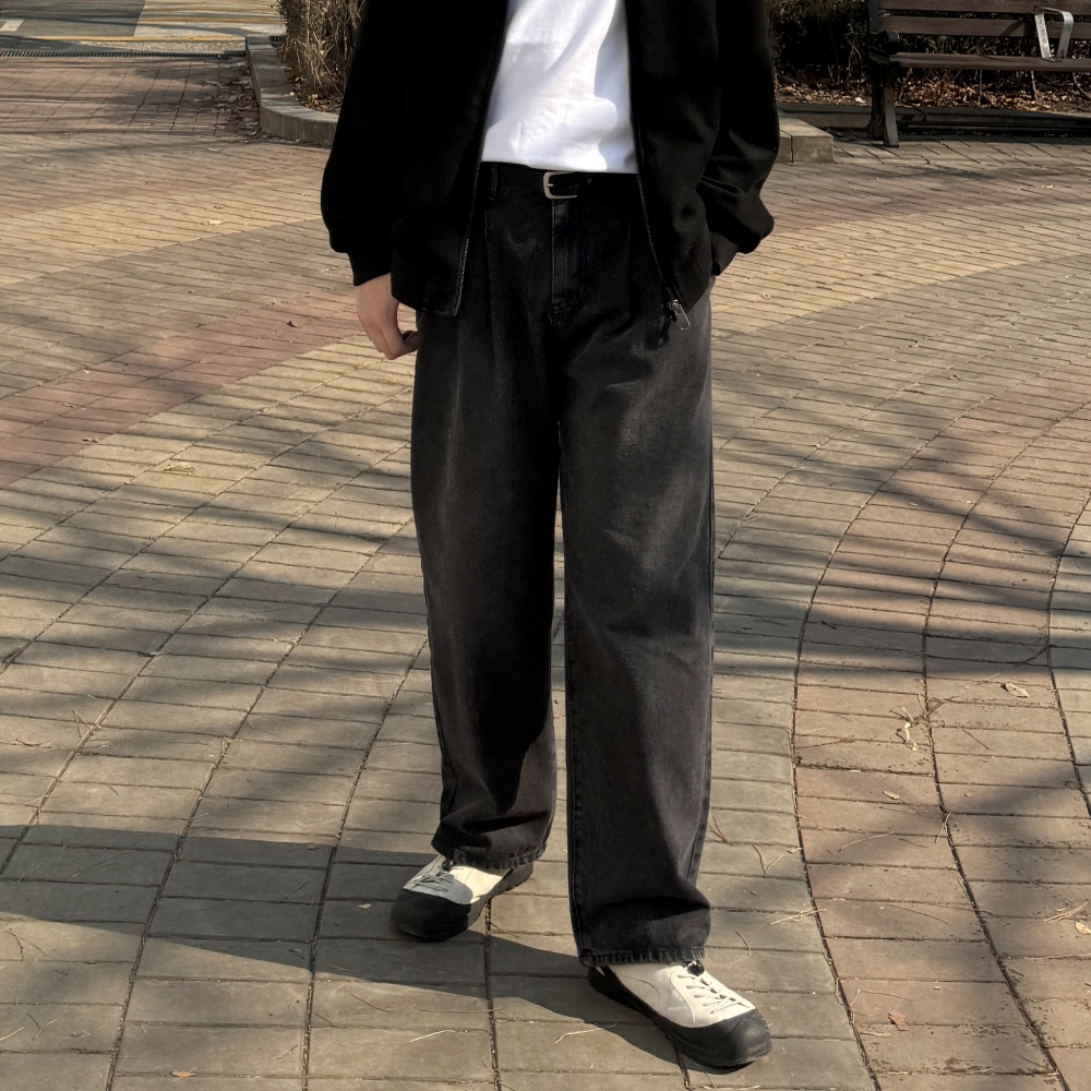 남자 와이드 청바지 투턱 연청 진청 흑청 데님 팬츠 이미지 7