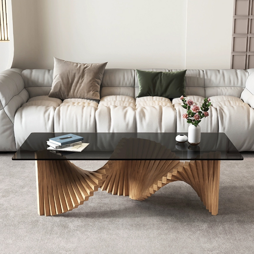 헬릭스 강화유리 원목 거실 티 테이블 98cm