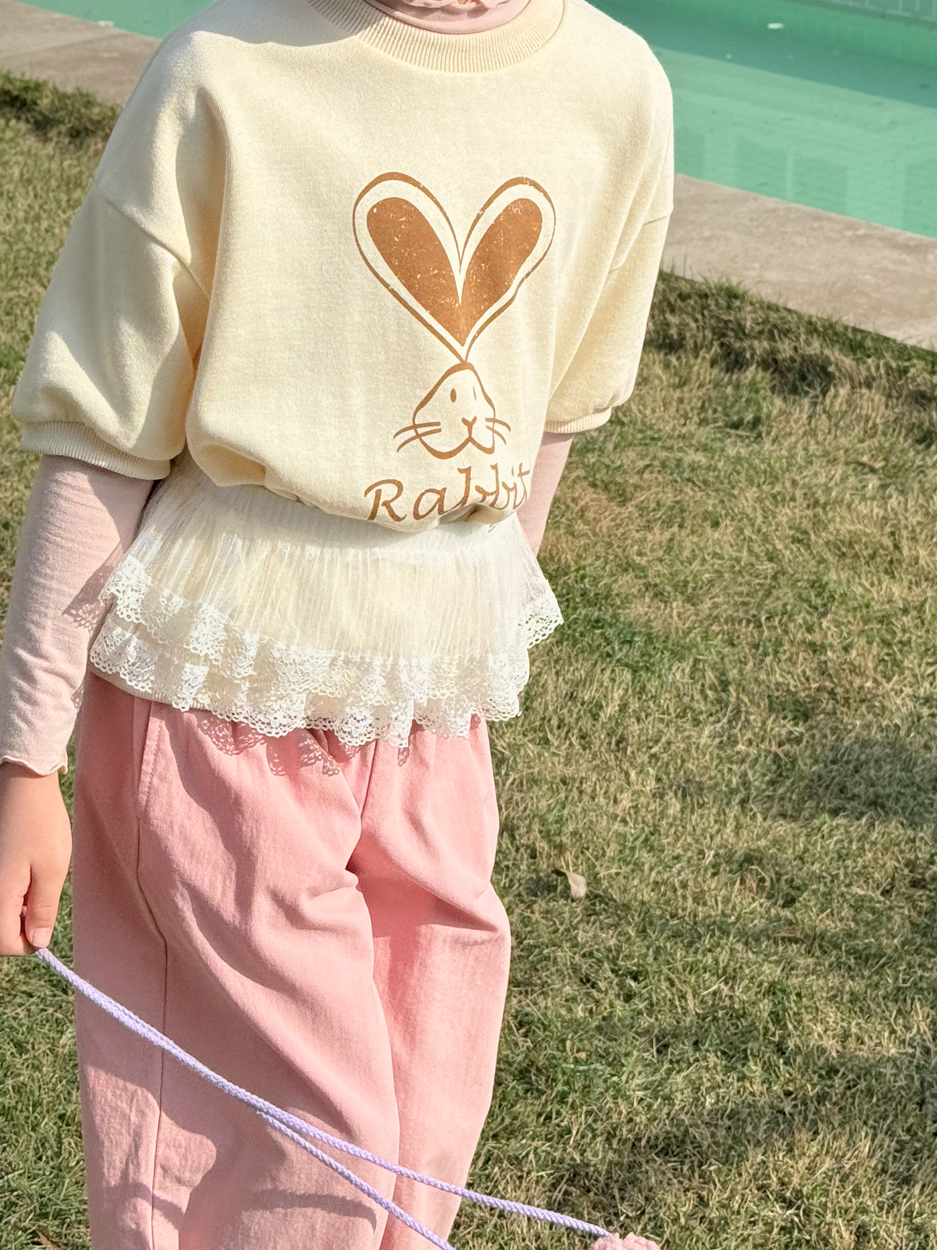 Irene's Closet 토끼 프린트 루즈핏 5부 소매 맨투맨 유아 주니어 봄 여름 - 상세 이미지 2