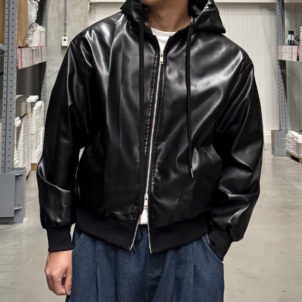 남자 나카 오버핏 봄 가을 간절기 후드 레더 라이더 자켓