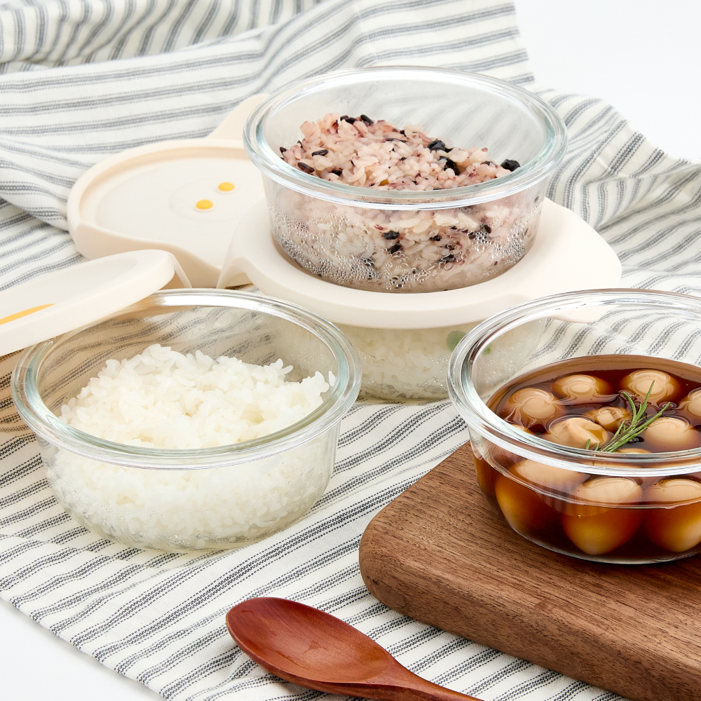 스탠다드145 간편한끼 냉동밥용기 원형 유리 밀폐용기 390ml 3P 1세트 스팀홀 실리콘뚜껑 - 상세 이미지 3