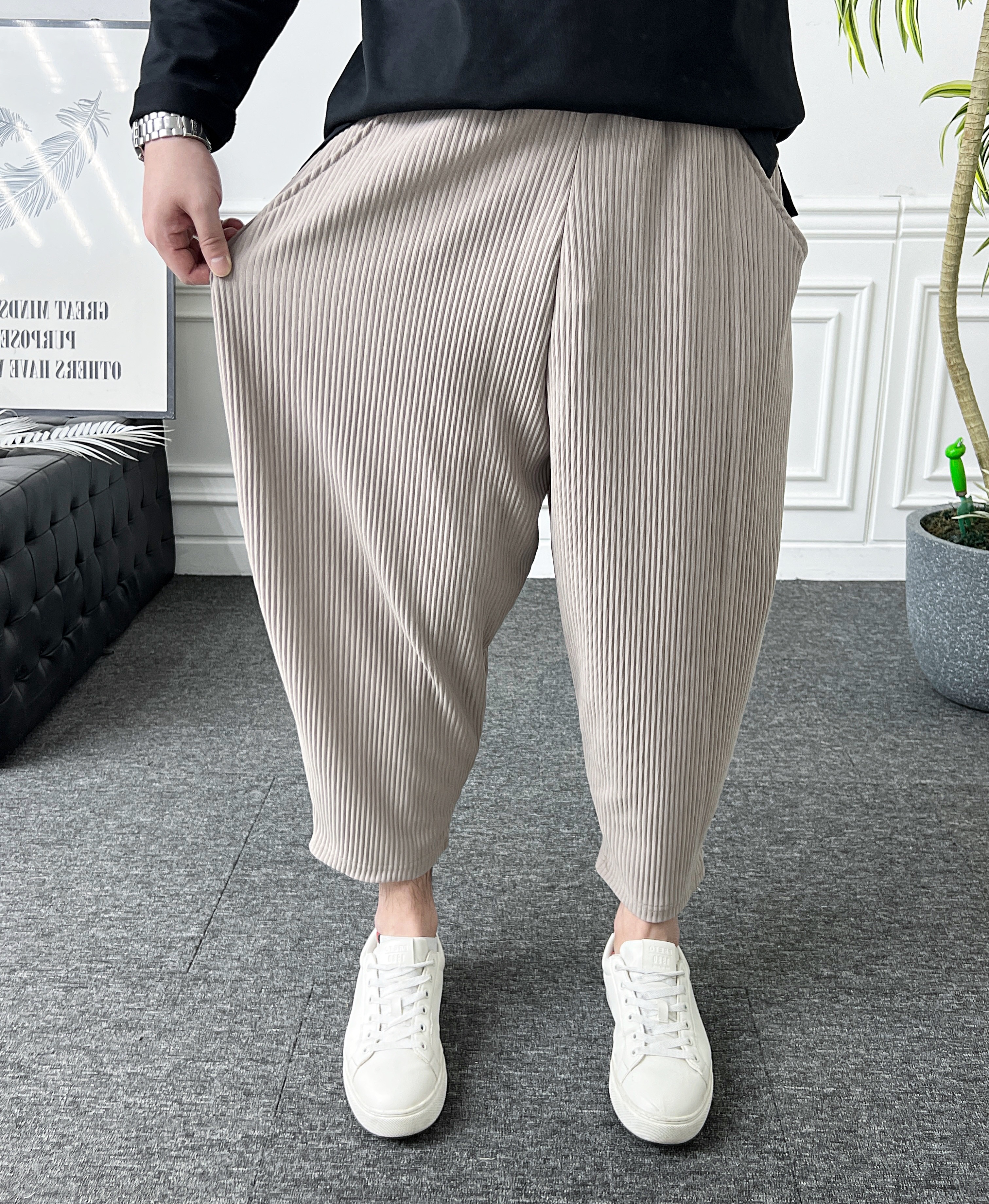 남자 플리츠바지 밴딩 스판 벌룬핏 배기팬츠 - 상세 이미지 4