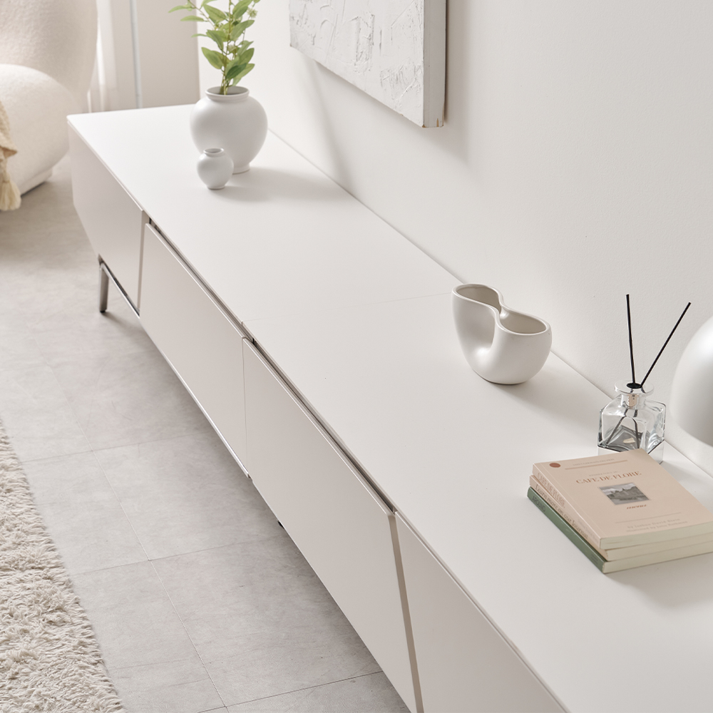 밀크 세라믹 거실장 낮은 85인치 티비다이 TV선반 캄비오 2800mm, 화이트