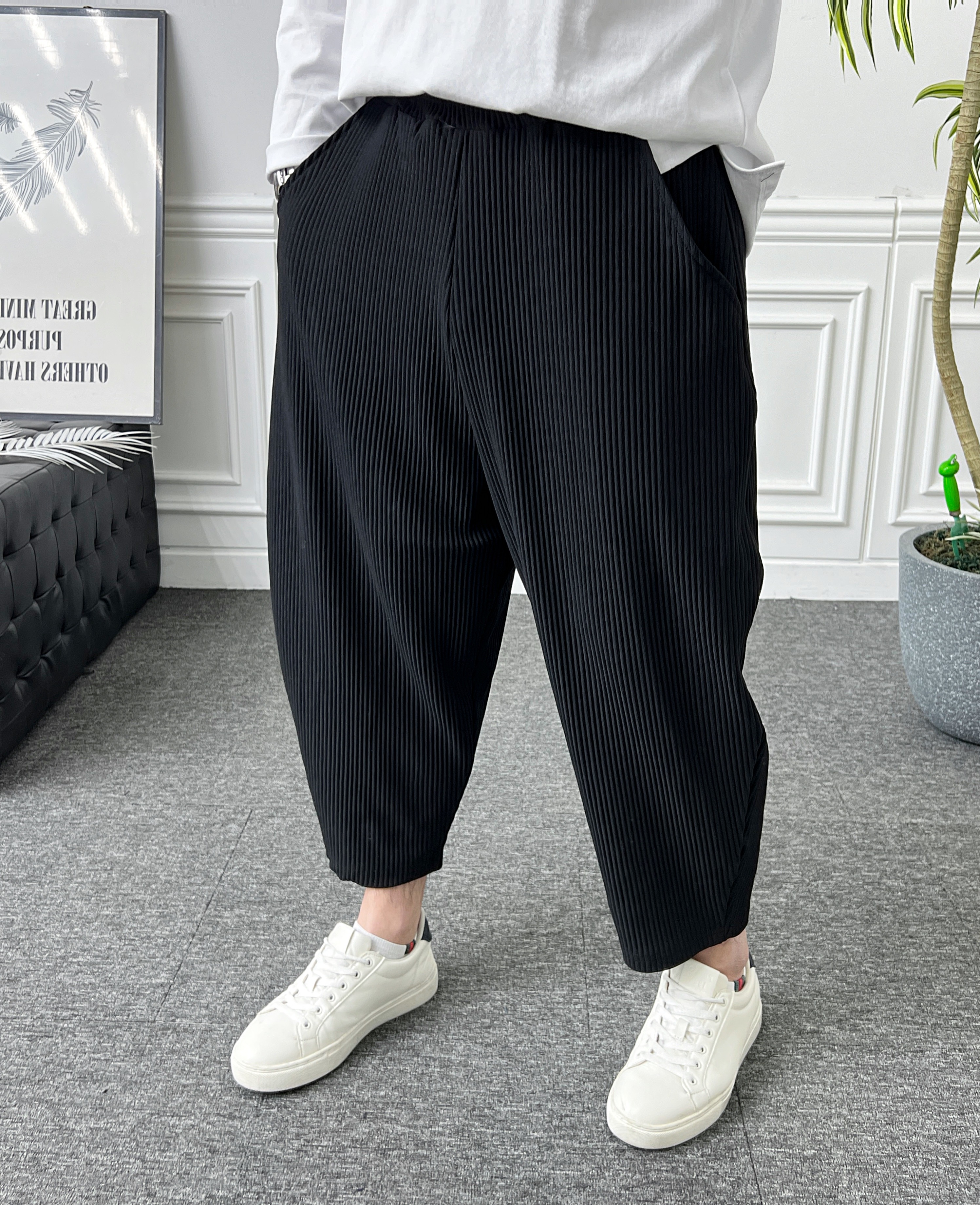 남자 플리츠바지 밴딩 스판 벌룬핏 배기팬츠 - 상세 이미지 5