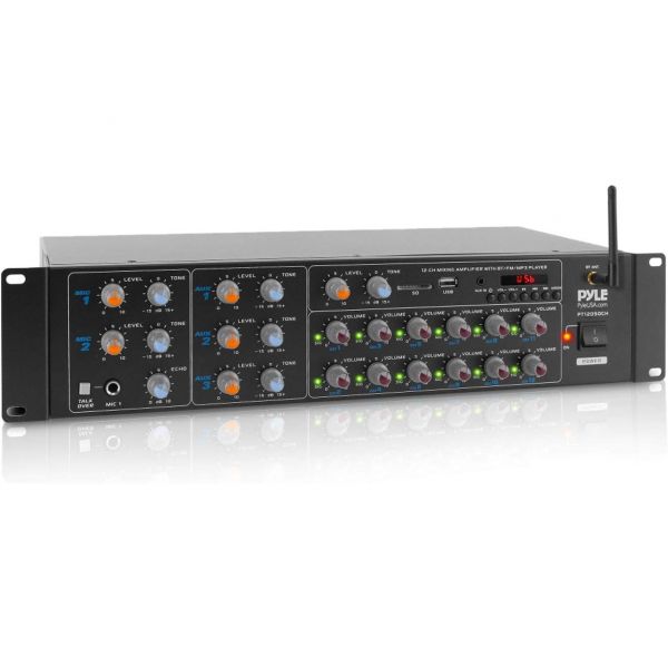 Pyle 음향기기 커넥터 해외 앰프 -12 채널 전력 증폭기블루투스 무선 - 600W 최대 랙 마운트 증폭기멀티존 사운드 믹서 포함 -RCA USB 및 AUX... 