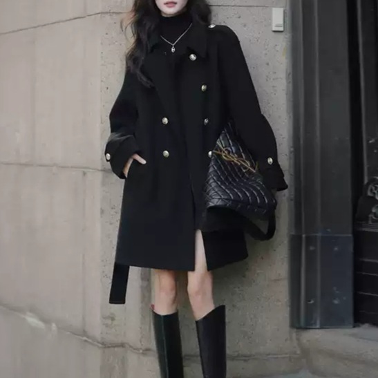블랙 미디움기장 하프코트 모직 금장단추 허리끈포함 봄 가을 빈티지 레트로 2컬러 - 상품 이미지