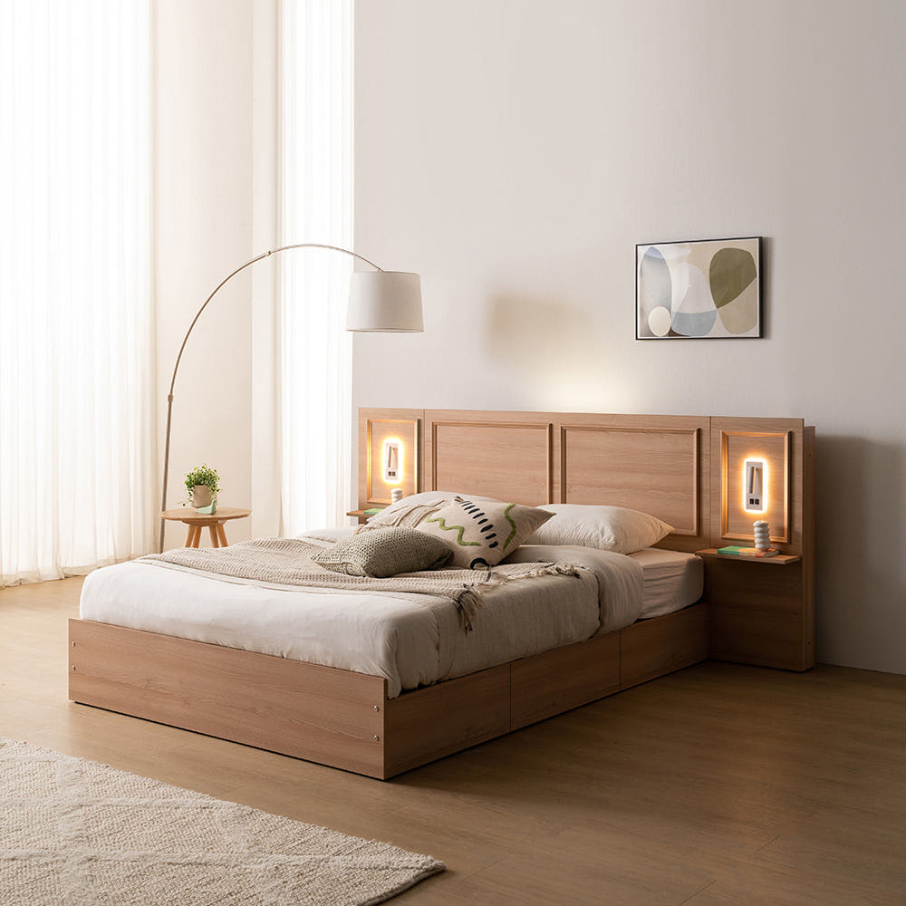 이노센트 블루밍 LED 호텔 수납 침대 프레임 Q(퀸), 오크