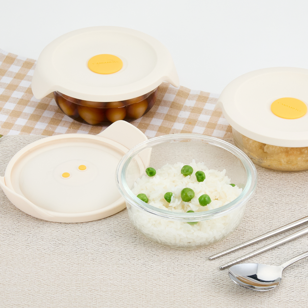 스탠다드145 간편한끼 냉동밥용기 원형 유리 밀폐용기 390ml 3P 1세트 스팀홀 실리콘뚜껑 - 상세 이미지 4