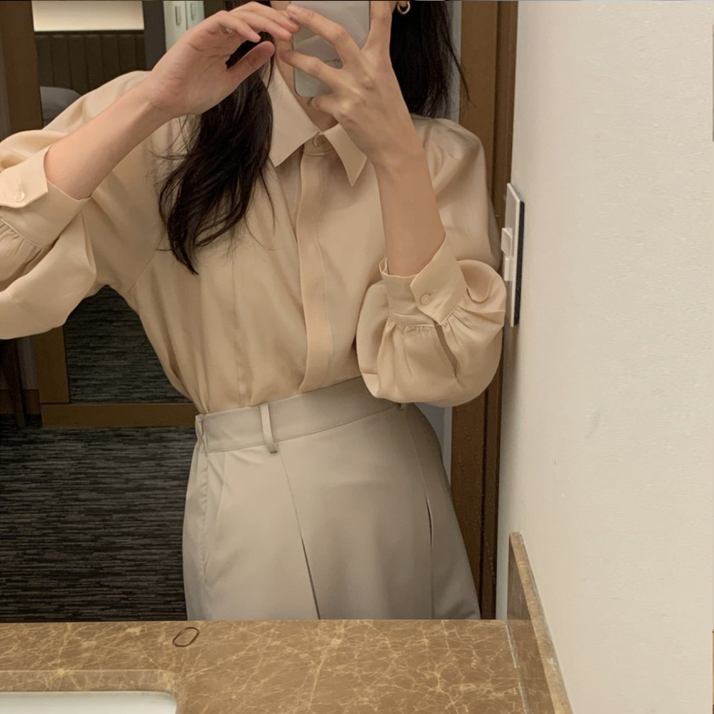 레미뜨 퍼프 셔츠 블라우스 (3color) 하객 무지 실크 하객룩 블라우스 - 상품 이미지