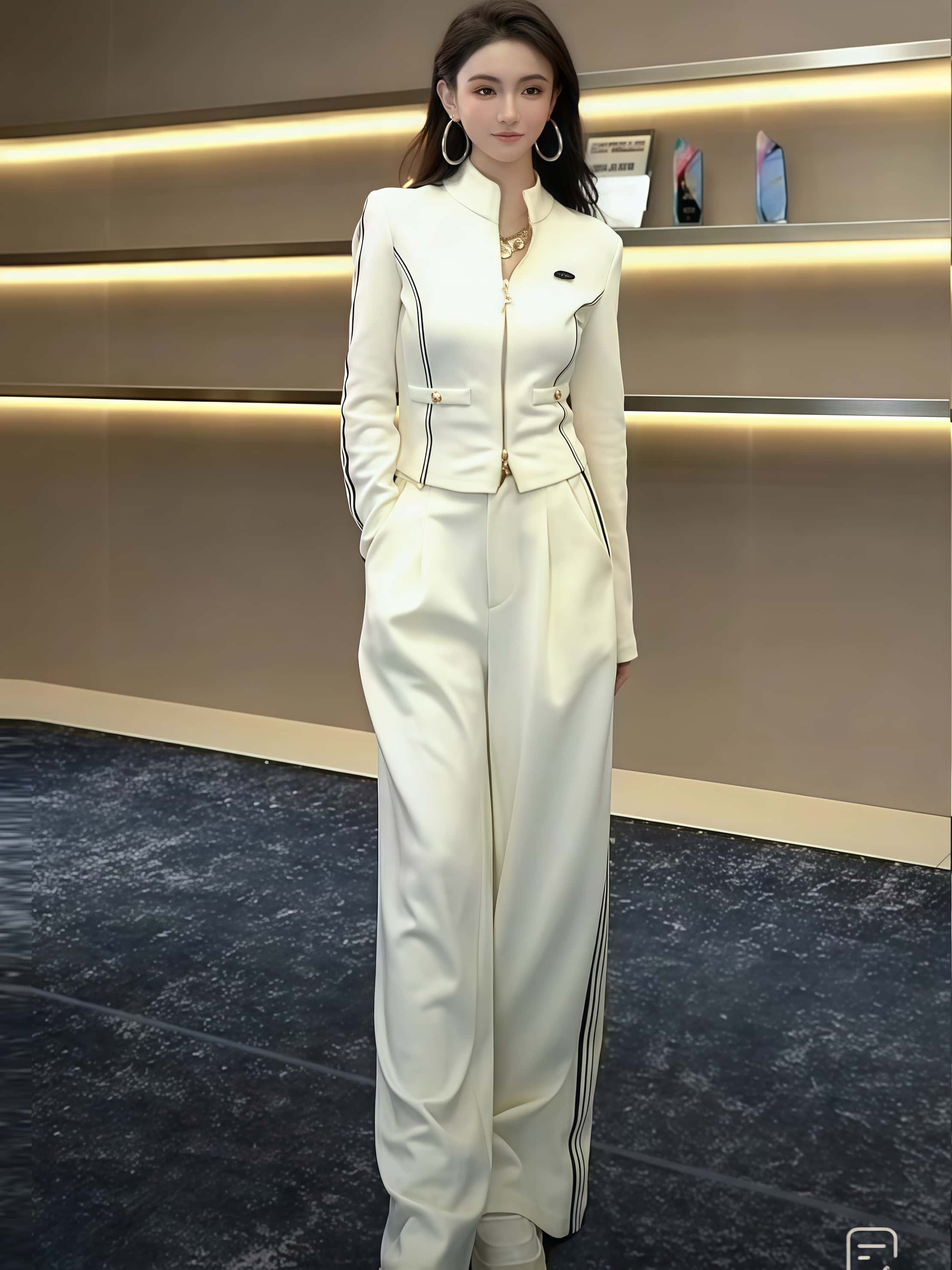 여성 트레이닝 세트 봄 터틀넥 슬림 하이웨스트 와이드팬츠 투피스 세트