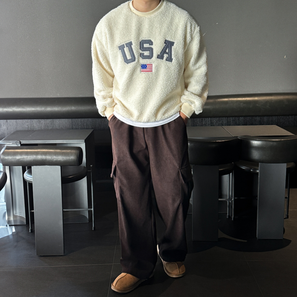 남녀공용 양털 USA 오버핏 크롭 맨투맨 이미지 7
