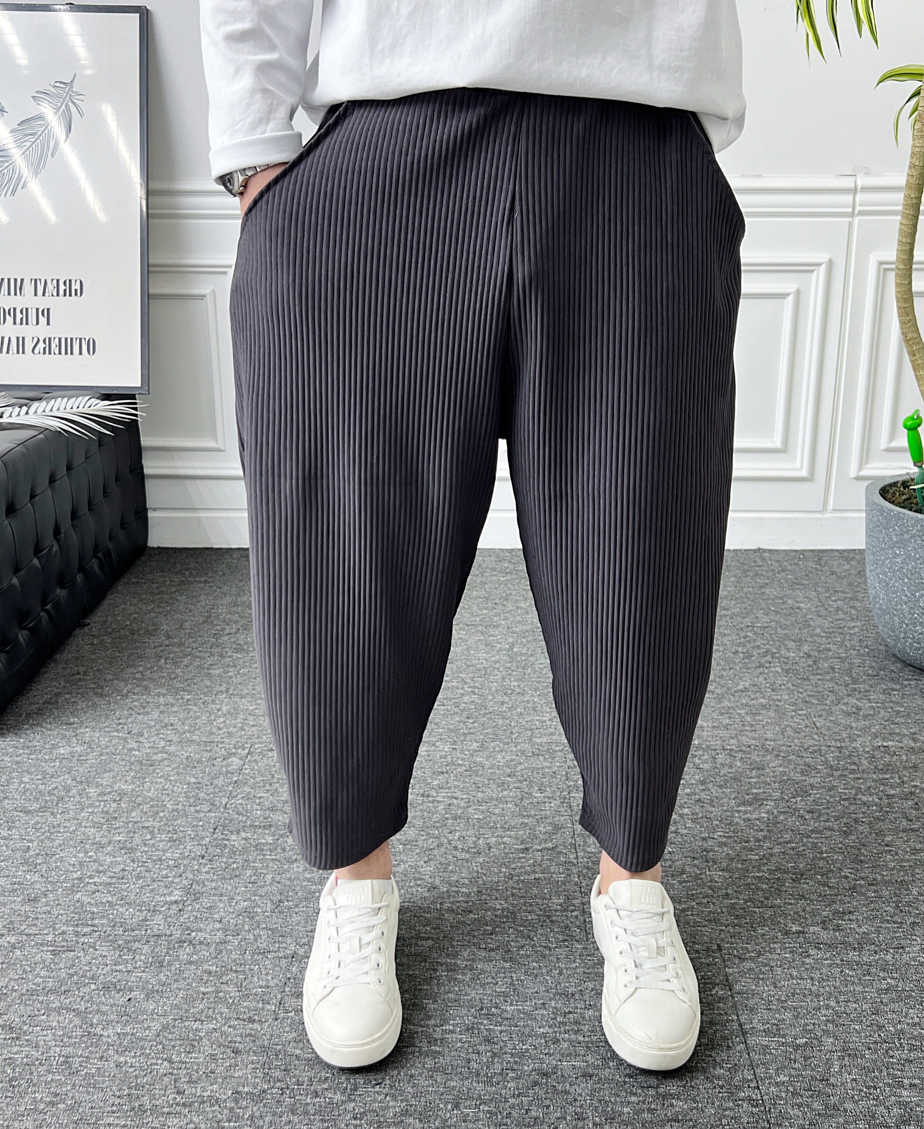 남자 플리츠바지 밴딩 스판 벌룬핏 배기팬츠 - 상세 이미지 3