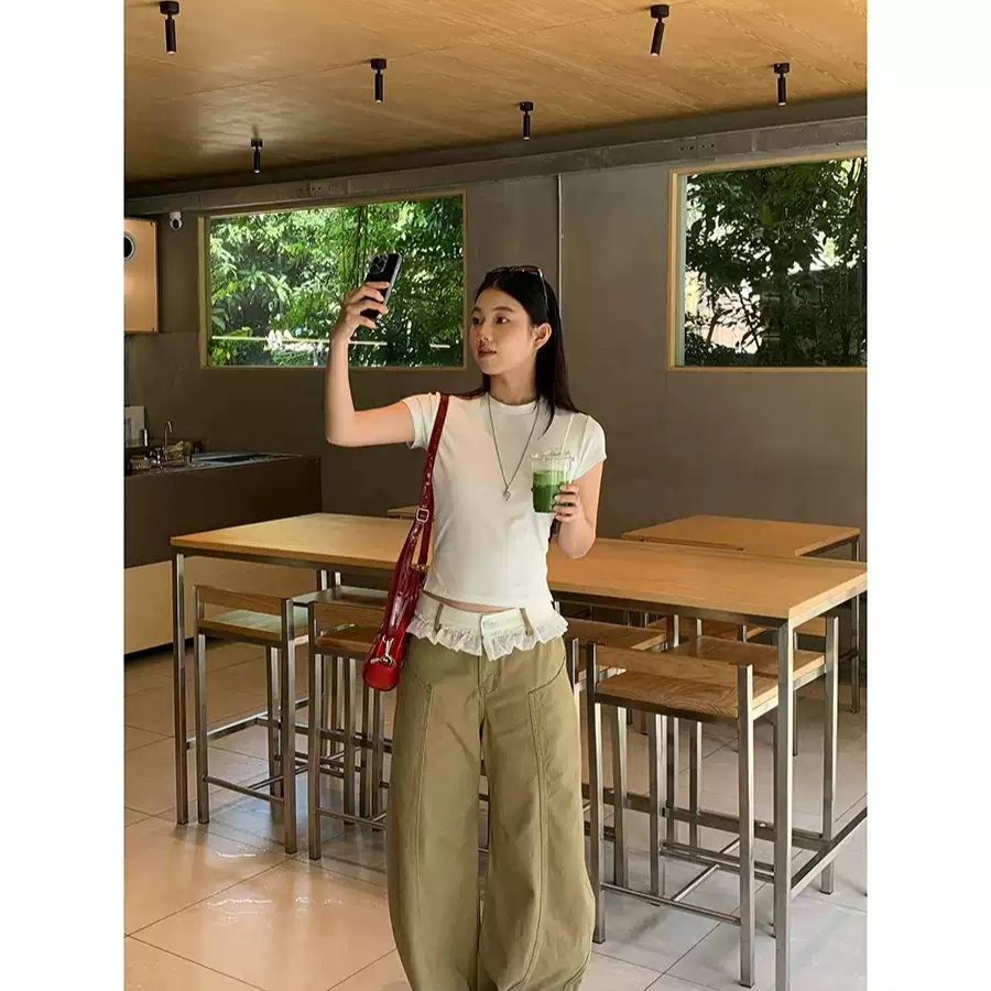 여성 허리레이스 와이드 커브팬츠 베이지 - 상품 이미지