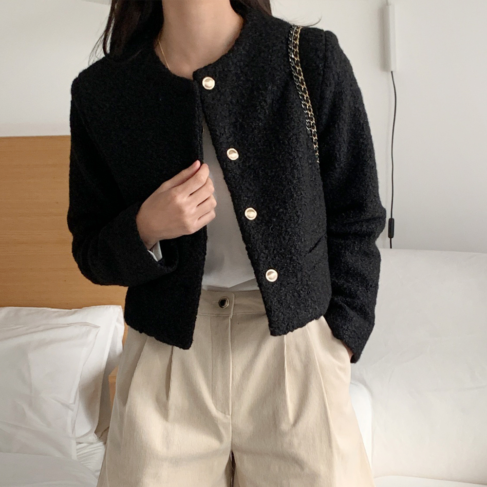 트렌디 금장 버튼 부클 자켓 여성 가을 재킷 양털 숏재킷 노카라 크롭 자켓