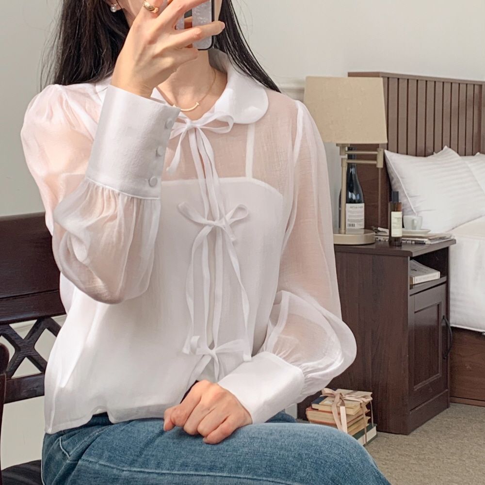 오간자 흰색 새틴 블라우스 - 상세 이미지 2