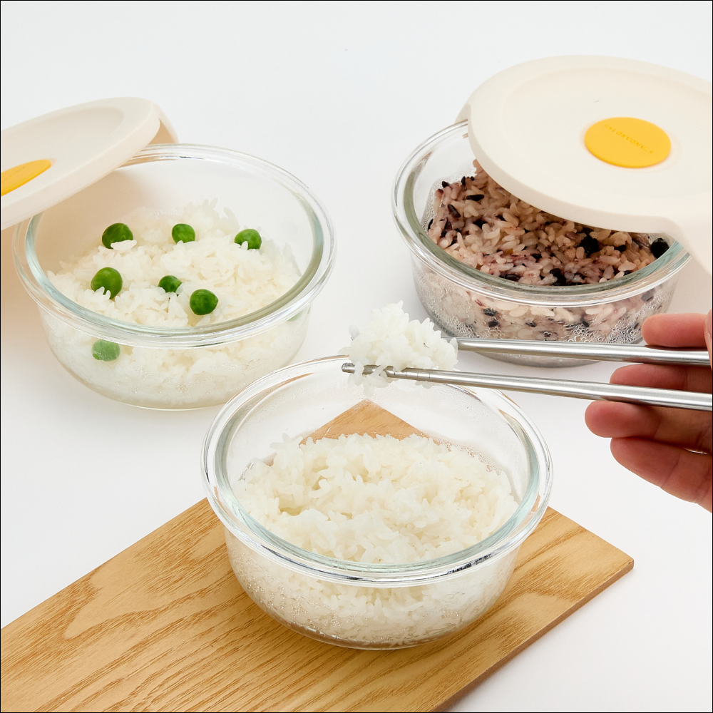 스탠다드145 간편한끼 냉동밥용기 원형 유리 밀폐용기 390ml 3P 1세트 스팀홀 실리콘뚜껑 - 상세 이미지 2