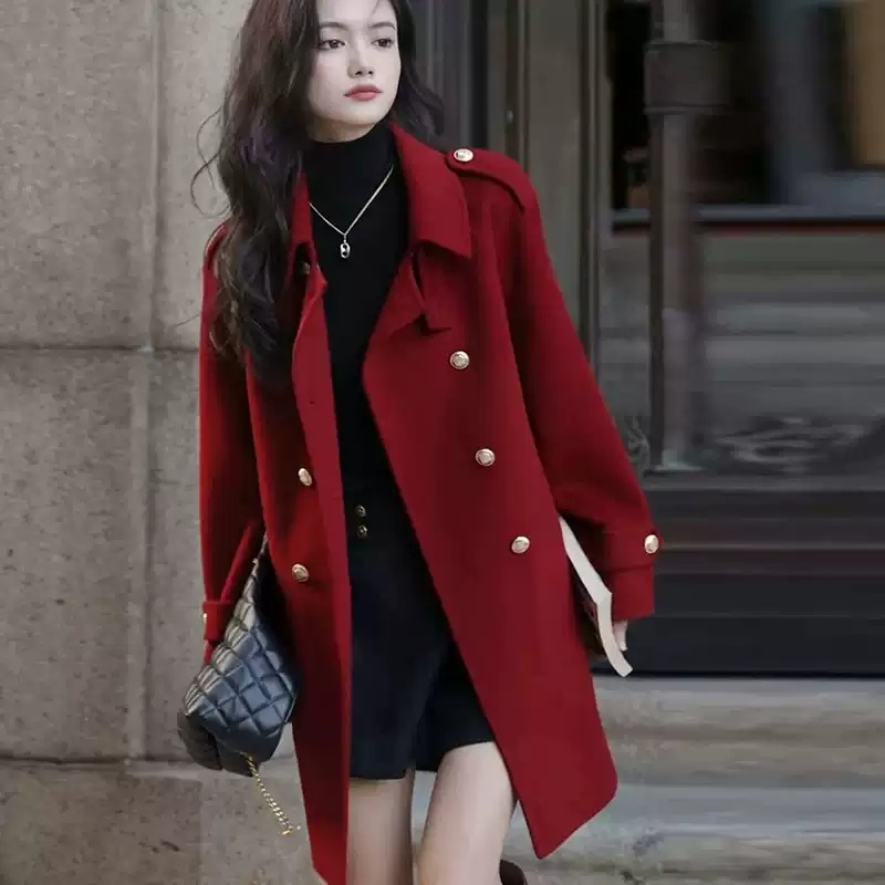 블랙 미디움기장 하프코트 모직 금장단추 허리끈포함 봄 가을 빈티지 레트로 2컬러 - 상세 이미지 2
