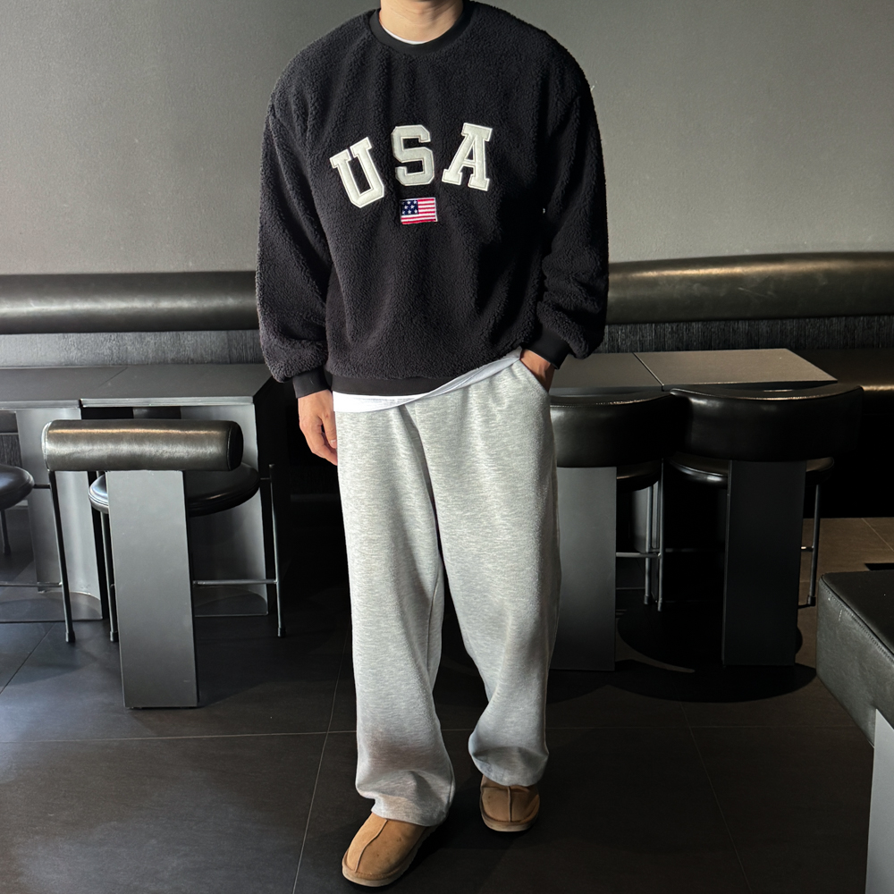 남녀공용 양털 USA 오버핏 크롭 맨투맨 이미지 6
