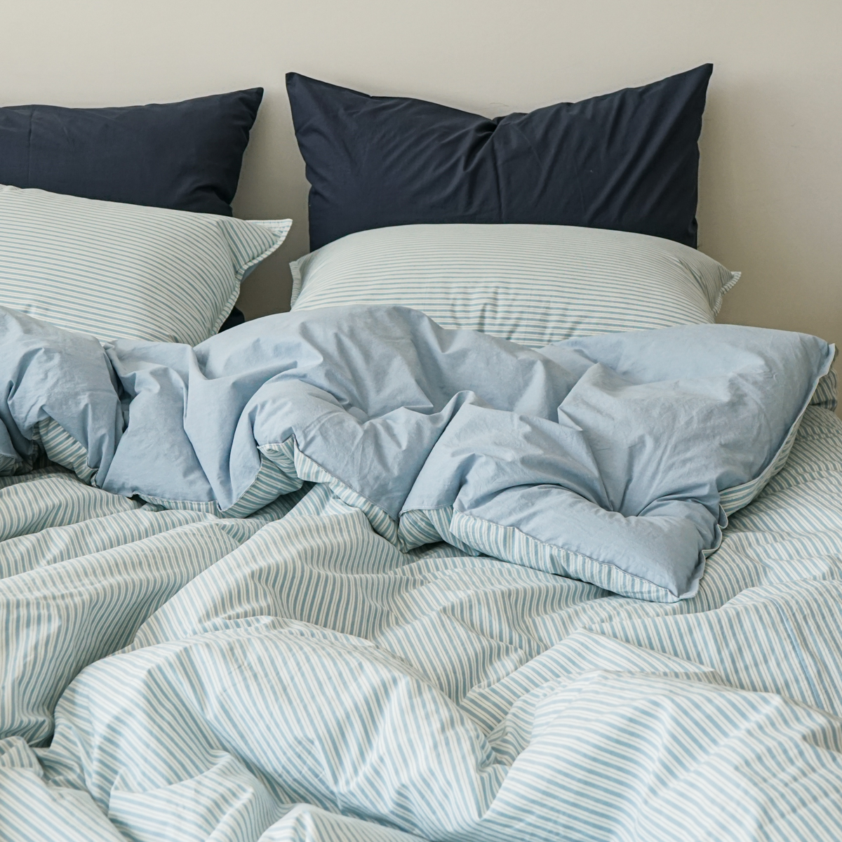 80수 순면 스트라이프 차렵이불 사계절 블루, SS(슈퍼싱글)