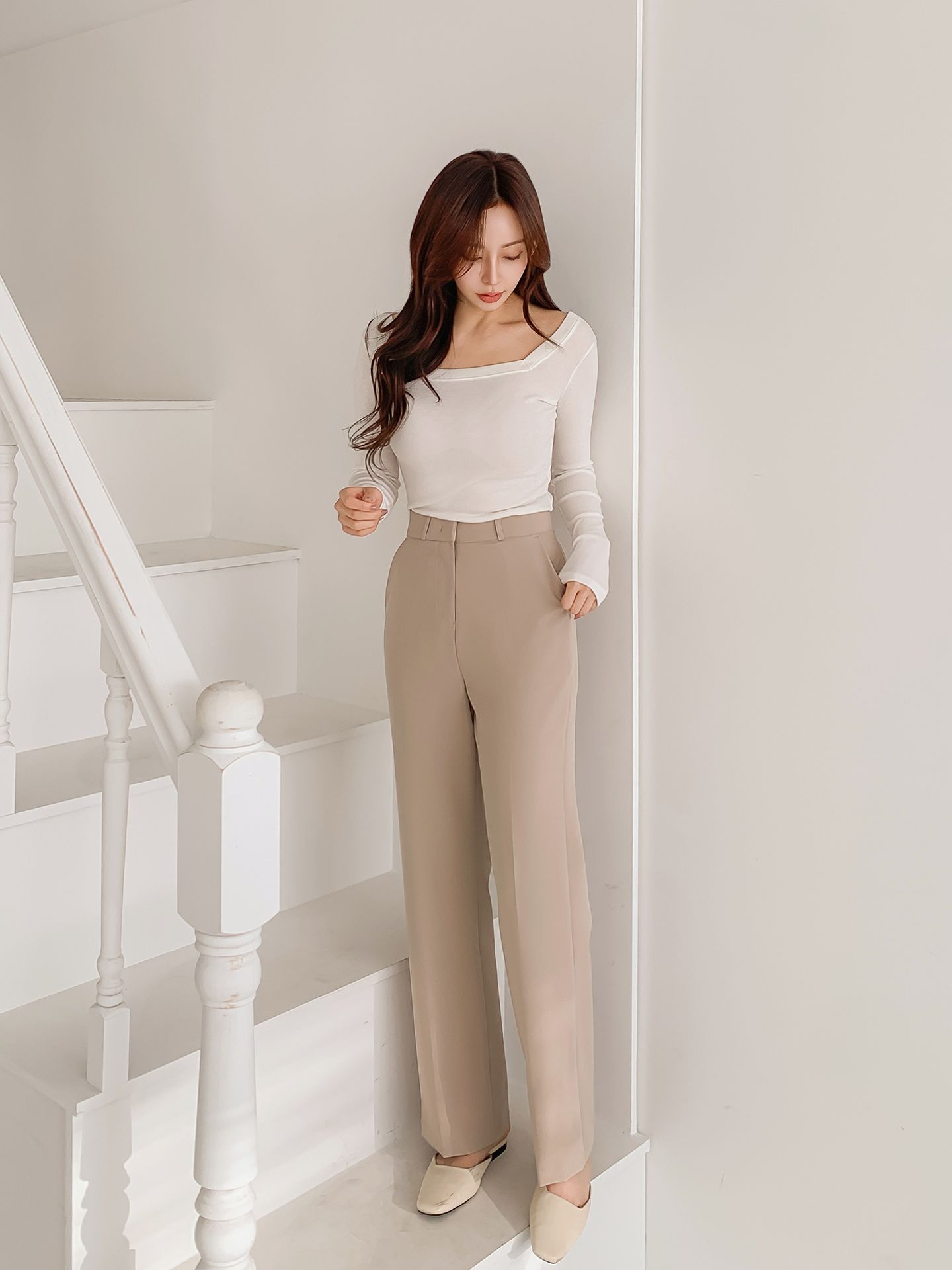 레프 일자 슬랙스 여성 정장바지 세미 부츠컷 와이드 밴딩 팬츠 하이웨스트 봄 키작녀 바지 - 상세 이미지 3