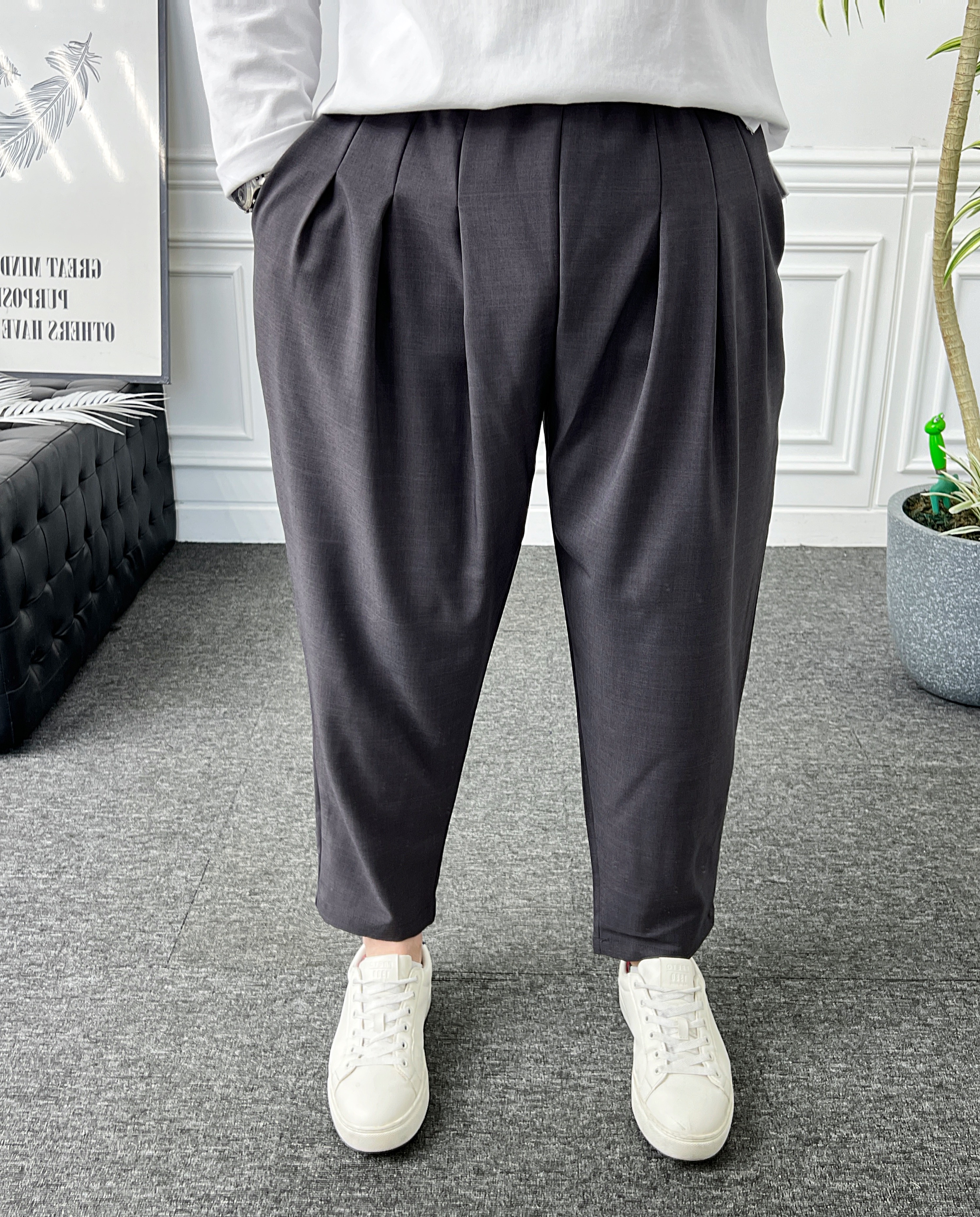 남자 슬랙스 밴딩 스판 3핀턱 와이드 벌룬핏 배기바지 - 상세 이미지 2