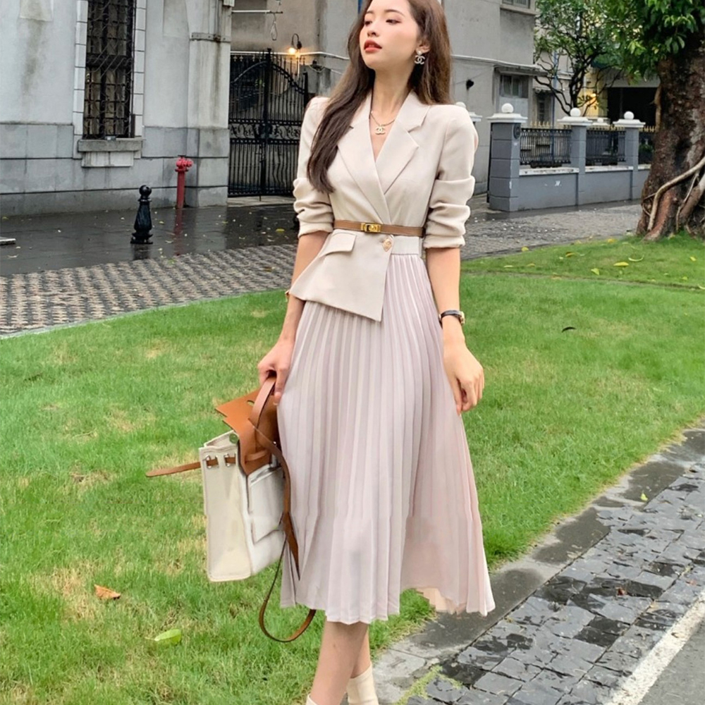 여성 하객룩 플리츠 원피스 브이넥 정장 오피스룩 허리벨트 플레어 원피스 A-13 일반버전 - 상품 이미지