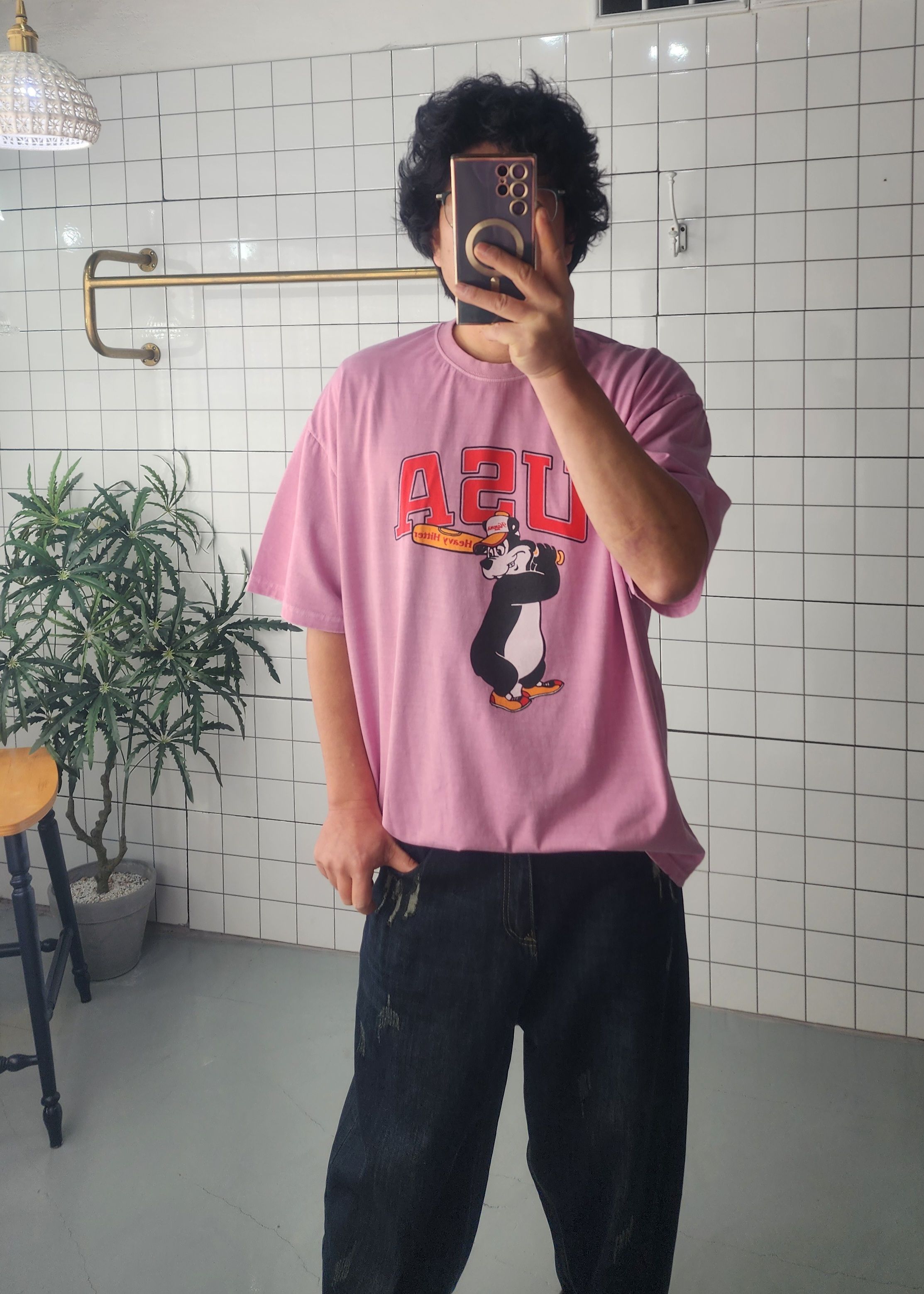 피그워싱 야구 프린팅 반소매 봄 여름 티셔츠 - 상세 이미지 2