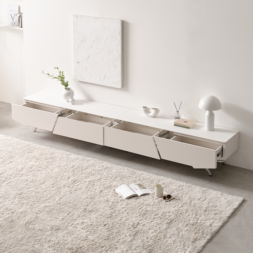 밀크 세라믹 거실장 낮은 85인치 티비다이 TV선반 캄비오 2800mm, 화이트