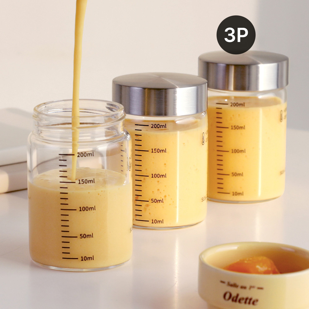 눈금유리병 내열유리 밀폐 주스병 우유병 두유 수제청 이유식 요거트 드레싱 200ml, 3개 - 메인 이미지