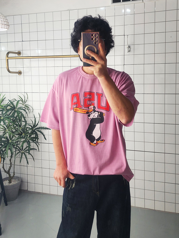 피그워싱 야구 프린팅 반소매 봄 여름 티셔츠 - 상품 이미지