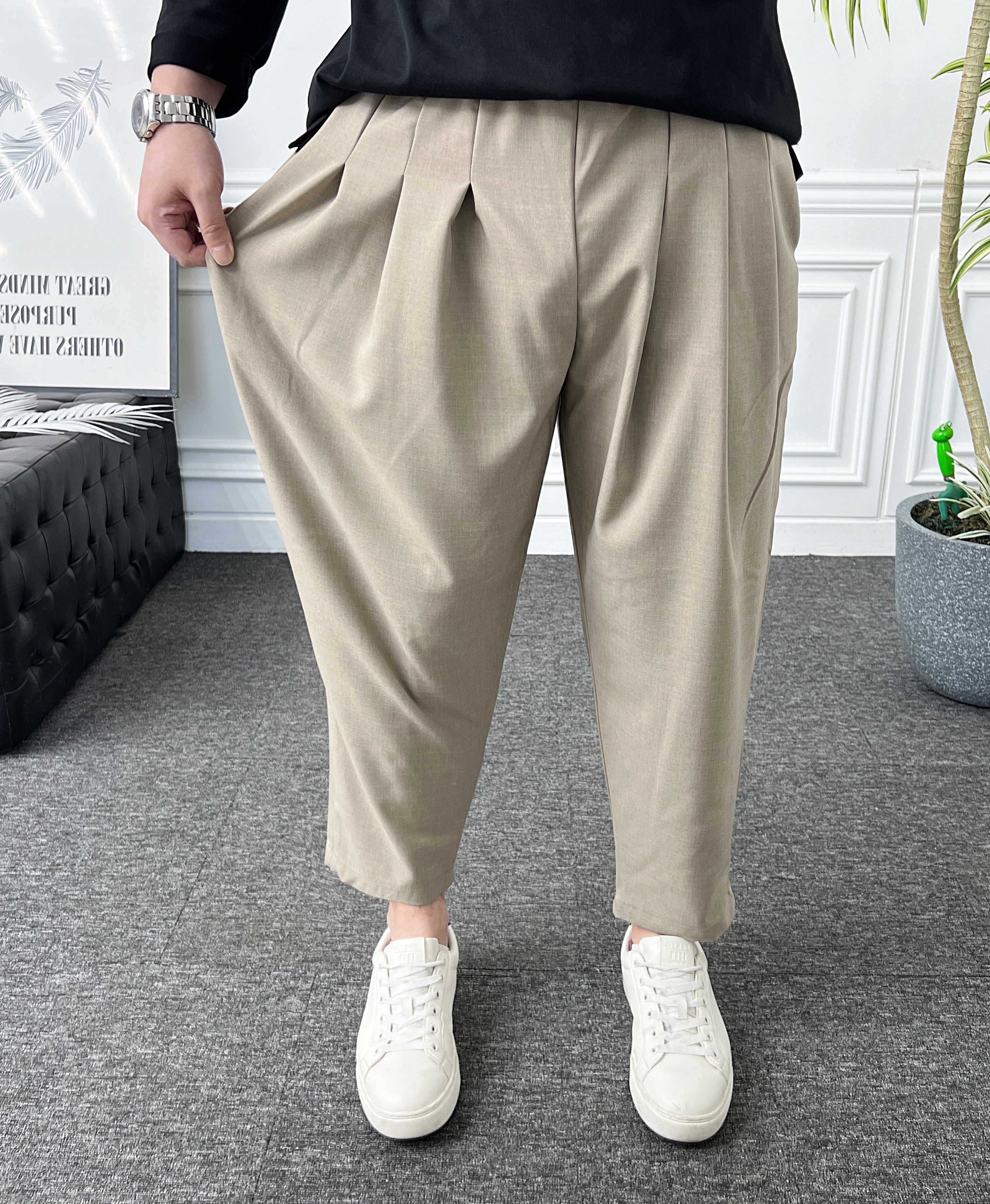 남자 슬랙스 밴딩 스판 3핀턱 와이드 벌룬핏 배기바지 - 상세 이미지 4