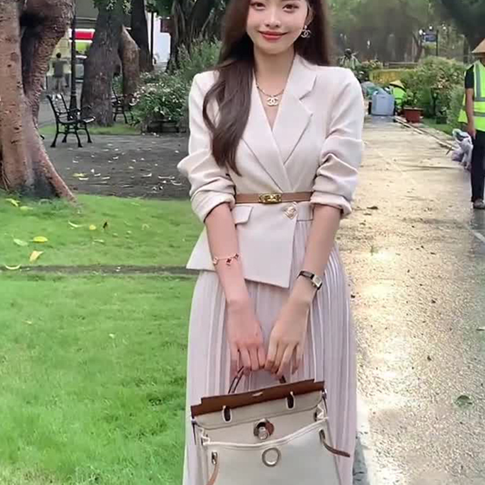 여성 하객룩 플리츠 원피스 브이넥 정장 오피스룩 허리벨트 플레어 원피스 A-13 일반버전 - 상세 이미지 3