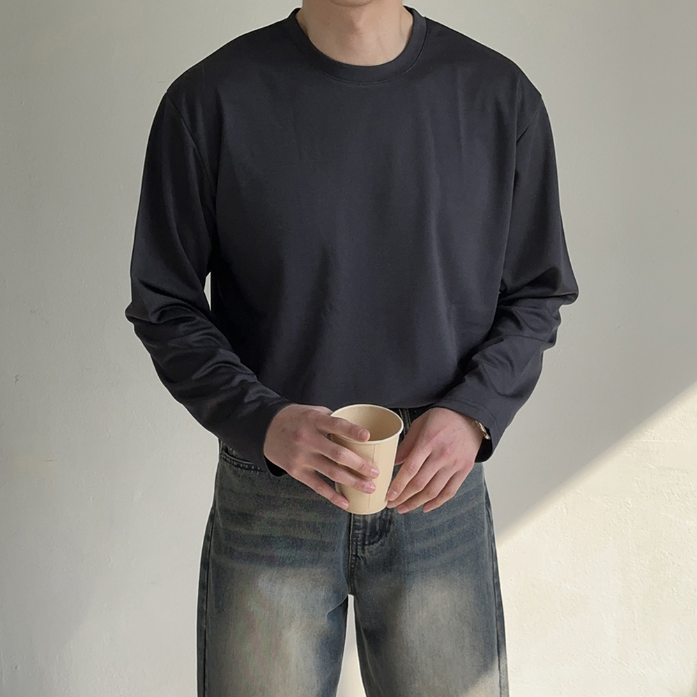 남자 긴팔티 오버핏 흰색 무지 이너 레이어드 티셔츠 - 상세 이미지 3