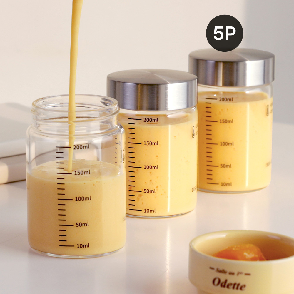 눈금유리병 내열유리 밀폐 주스병 우유병 두유 수제청 이유식 요거트 드레싱 200ml, 5개 - 메인 이미지