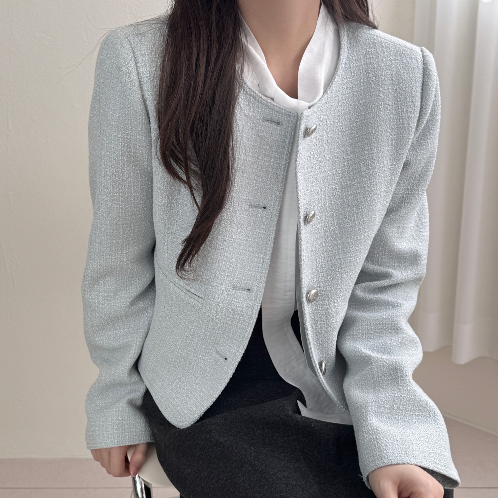 [얇은 봄트위드🤍/국내제작]노카라모드자켓 스카이블루 블랙 상세 이미지 28