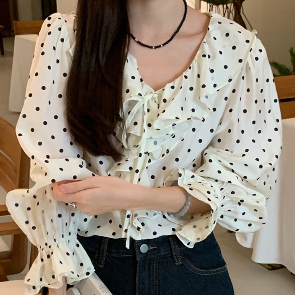 도트블라우스 목프릴 둥근카라 러플 가을 하객룩 블라우스 - 상세 이미지 2