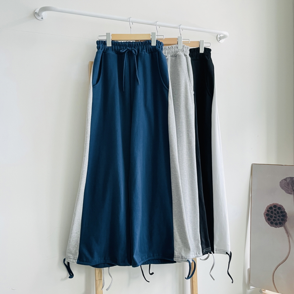 여성 와이드팬츠 조거팬츠 밴딩 핀턱 배색 리본끈 트레이닝 바지 - 상세 이미지 2