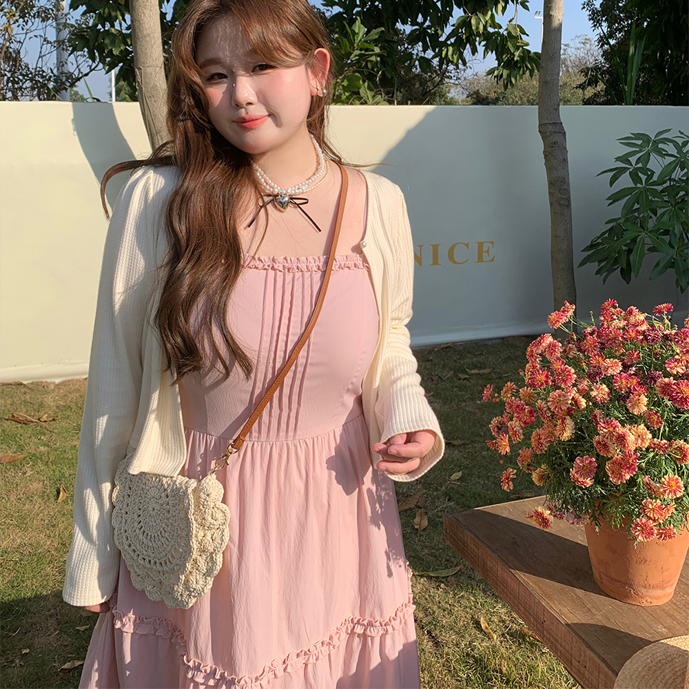라운드넥 빅사이즈 끈나시 여성봄원피스 니트 가디건 투피스 세트 - 상품 이미지