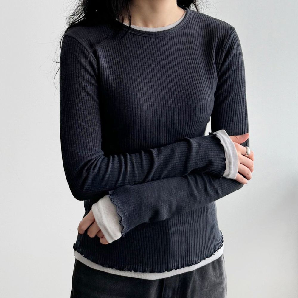 슬림핏 레이어드 웨이브 골지 여자 긴팔티 여성 가을 티셔츠 라운드 모달티 - 상세 이미지 4