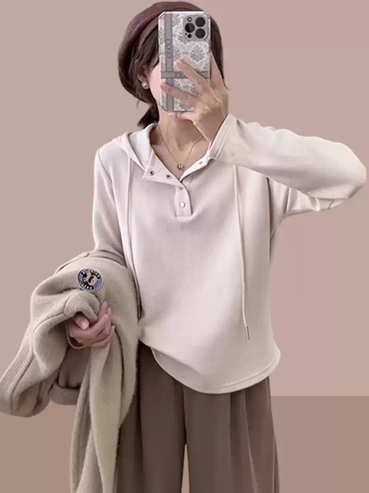 여성 빅사이즈 긴팔 후드 기본 이너 티셔츠 - 상세 이미지 2