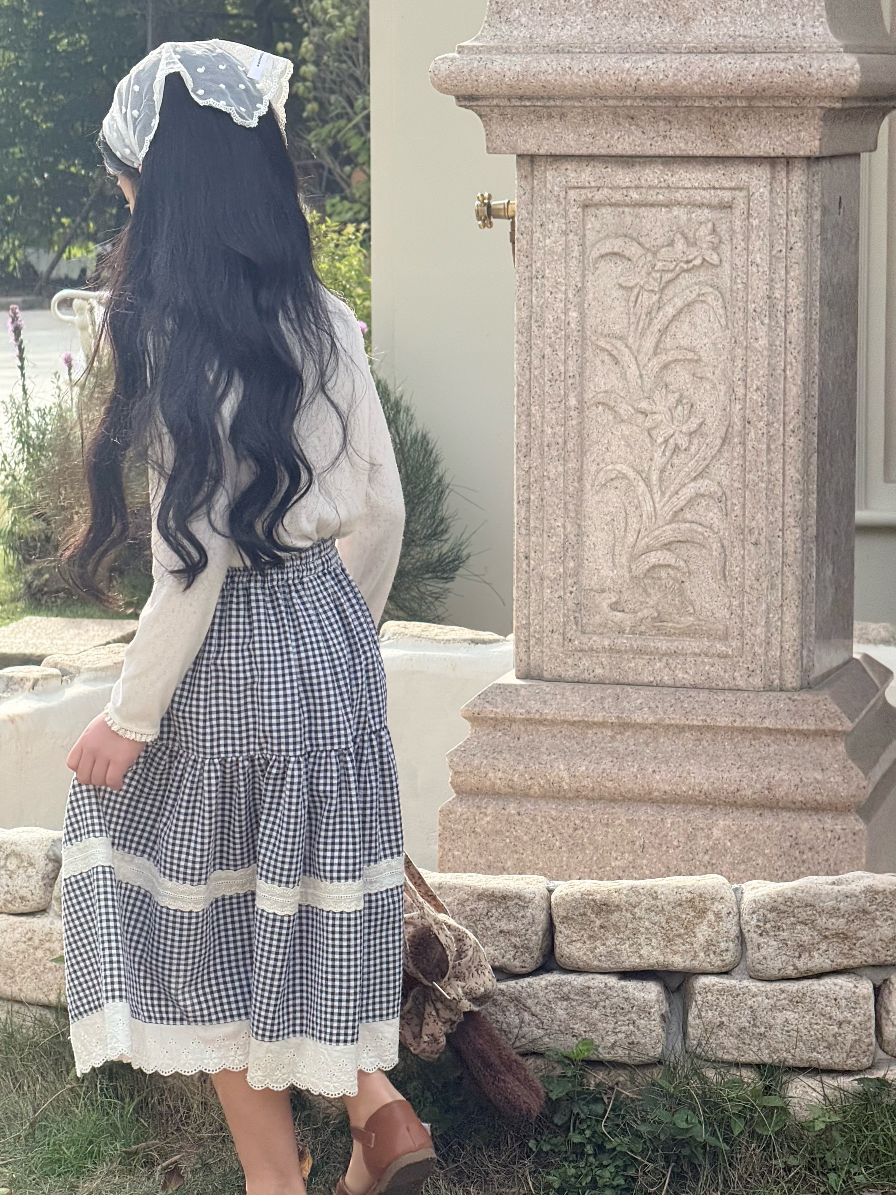 Irene's Closet 잔체크 레이스 배색 티어드 롱 스커트 유아 주니어 봄 간절기