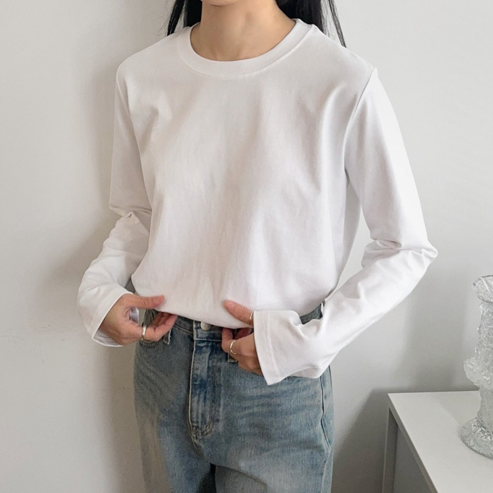 루즈핏 코튼 스판 무지 기본 여성 가을 티셔츠 면 라운드 레이어드 이너티 여자 긴팔티 - 상세 이미지 5