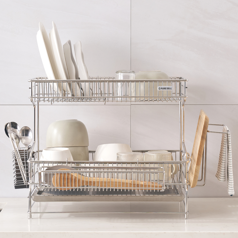 퓨어셀 물빠짐 스텐 식기 건조대 주방 싱크대 그릇 설거지 선반 2단 쟁반형+ACC 4종