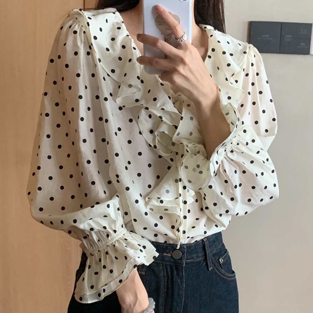 도트블라우스 목프릴 둥근카라 러플 가을 하객룩 블라우스 이미지 7
