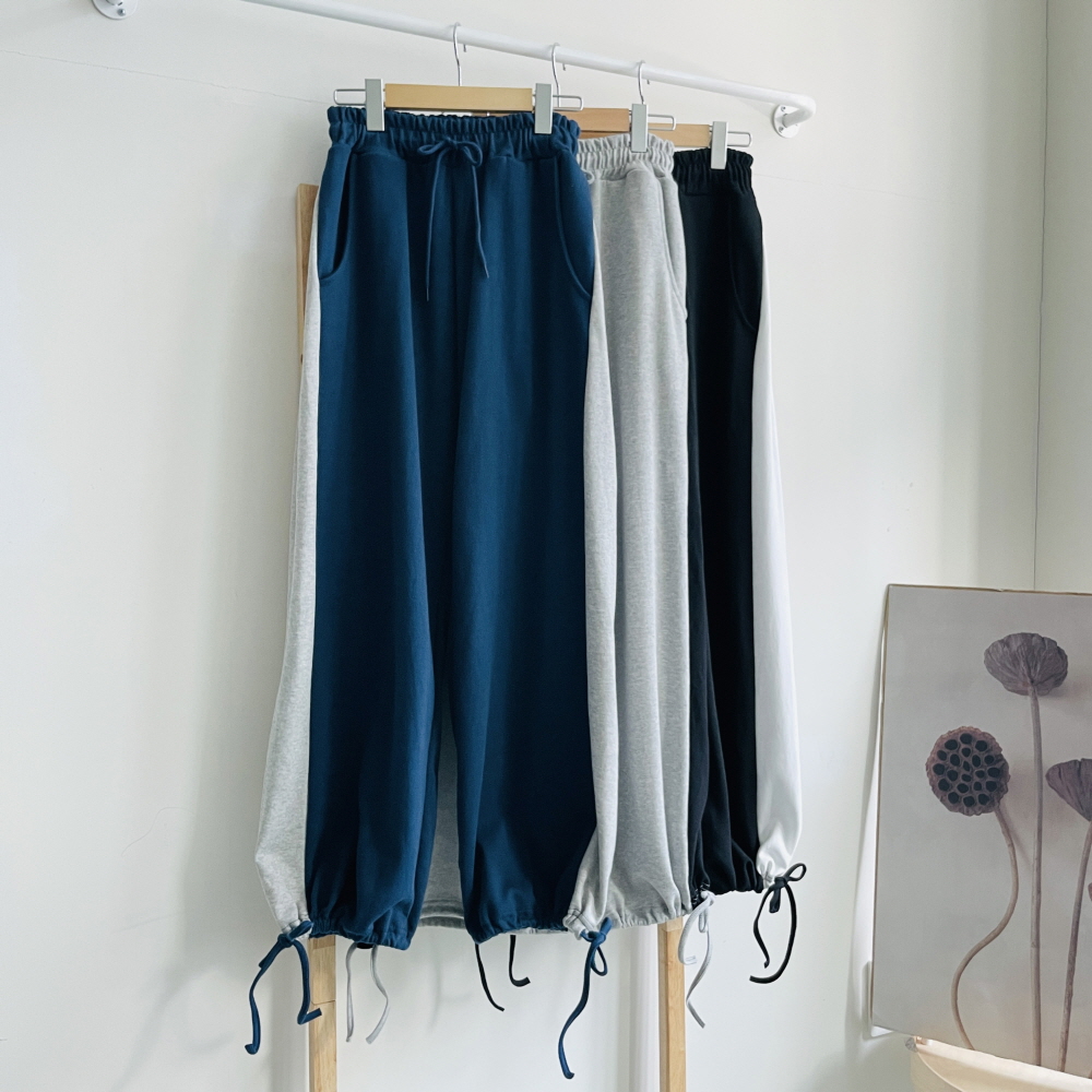 여성 와이드팬츠 조거팬츠 밴딩 핀턱 배색 리본끈 트레이닝 바지